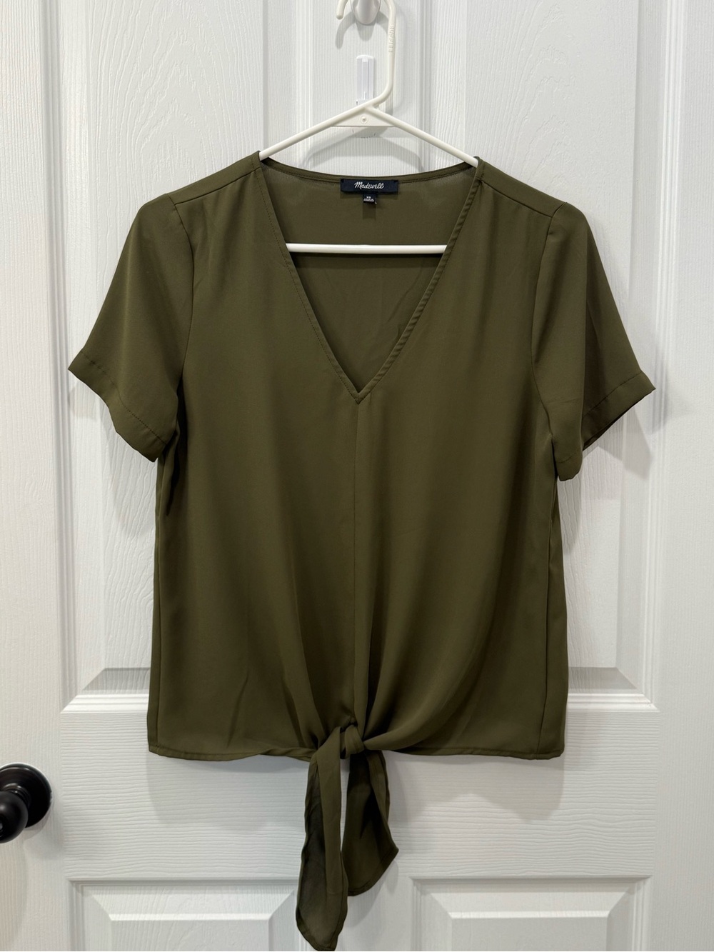 Madewell Olive Tie-Front V-Neck Short Sleeve Blouse